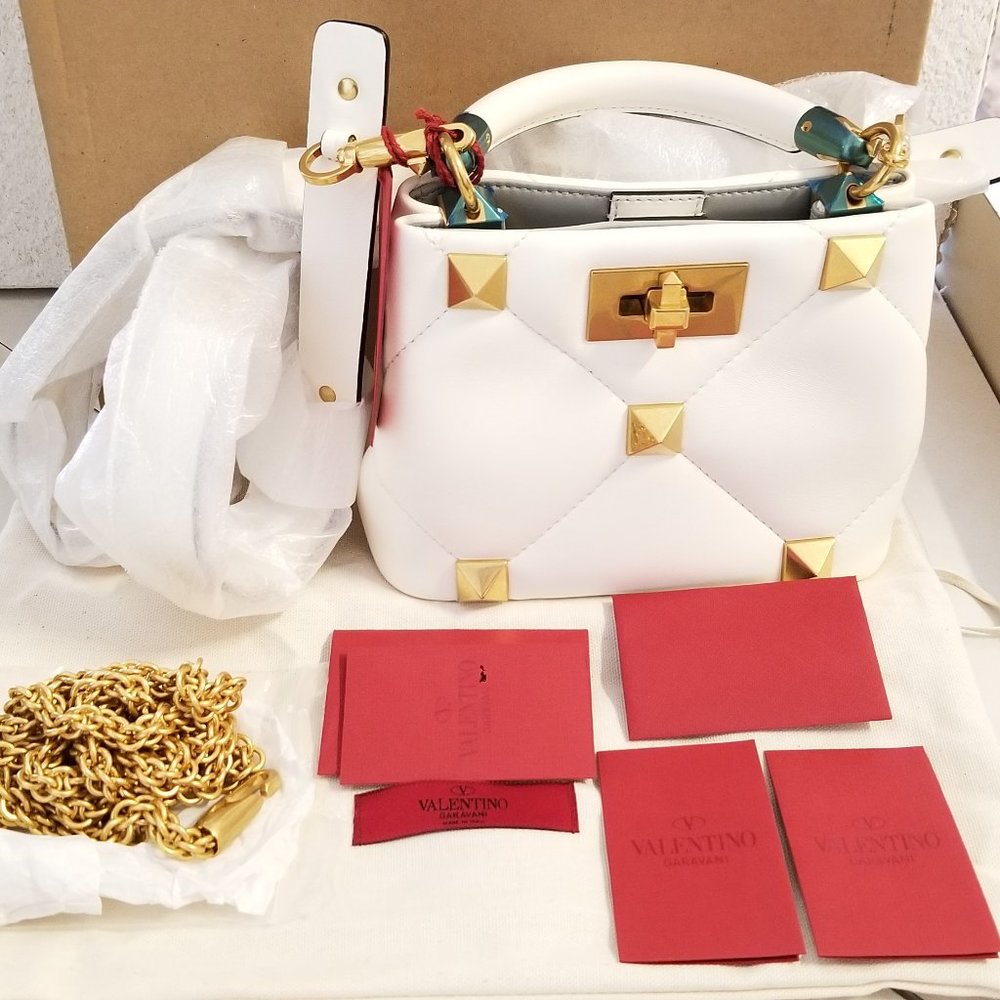 VALENTINO Ivory White Leather Roman Stud Handle Bag With Tags
